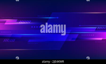 Abstrakte Technologie futuristische blaue und rosa Neonfarbe geometrische Pfeile Formen Bewegungshintergrund. Vorlage mit Kopf- und Fußzeile für Broschüre, drucken Stock Vektor
