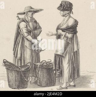 Eel Verkäufer mit Kunden, Joannes Bemme, nach Jan Anthonie Langendijk DZN, c. 1820 steht ein Aalverkäufer hinter zwei Körben mit Aalen. In ihrer rechten Hand hält sie einen Aal. Die Frau gegenüber trägt einen Korb auf ihrem linken Arm und streckt ihre rechte Hand zum Aal., Druckerei: Joannes Bemme, (erwähnt auf Objekt), Jan Anthonie Langendijk DZN, (erwähnt auf Objekt), Niederlande, c. 1820, Papier, H 275 mm × B 220 mm Stockfoto
