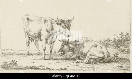 Cows in a Landscape, Jan Kobell (II), 1788 - 1814, Eine Kuh, die sich hinlegt und eine Kuh, die an einem baufälligen Zaun steht. Im Hintergrund grast eine dritte Kuh und der Umriss eines Kirchturms ist zu sehen, Druckerei: Jan Kobell (II), 1788 - 1814, Papier, Radierung, H 88 mm × B 150 mm Stockfoto