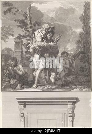 Aeneas flieht Troy mit seiner Familie Pieter Tanjé nach Gerard de Lairesse, nach Nicolaas Verkolje, 1737, flieht Aeneas mit seinem alten Vater Anchises auf dem Rücken aus dem brennenden Troja. Neben ihm geht sein weinender Sohn. Links die Frau von Aeneas mit den Händen vor ihrem Gesicht. Vertretung vor der Tür der Ratskammer des Gerichtshofs der Niederlande, Zeeland und Westfriesland auf dem Binnenhof in Den Haag. Druckerei: Pieter Tanjé, (auf Objekt erwähnt), nach: Gerard de Lairesse, (auf Objekt erwähnt), Zeichner: Nicolaas Verkolje, (auf Objekt erwähnt Stockfoto