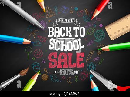 Schule Verkauf Vektor Banner Design. Zurück zur Schule Text in bunten handgezeichneten Bildungsmaterialien für Förderung Rabatt Hintergrund. Vektorgrafik Stock Vektor