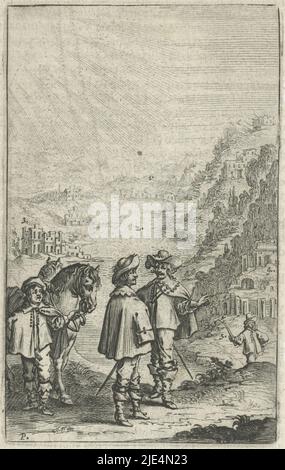 Zwei Reiter in einer Berglandschaft, links eine dritte Figur hält zwei Pferde am Zügel. In der Ferne eine Stadt, Reiter in einer bergigen Landschaft., Druckerei: Paulus Lesire, 1643, Papier, Radierung, Buchdruck, H 111 mm × B 71 mm Stockfoto