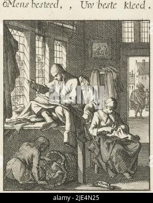 Schneider der Schneider, der Menselyk Bedryf (Serientitel), Druckerei: Jan Luyken, Jan Luyken, Jan Luyken, Amsterdam, 1694, Papier, Radierung, H 134 mm × B 81 mm Stockfoto