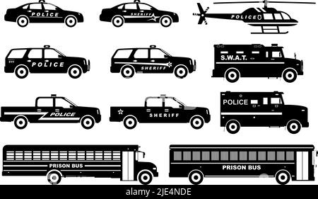 Silhouette Illustration von Gefängnisbus, gepanzerten S.W.A.T. LKW, Polizeiautos und Hubschrauber isoliert auf weißem Hintergrund. Stock Vektor