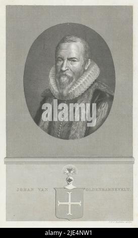 Porträt von Johan van Oldenbarneveldt, Staatsverfechter Hollands. Am Rand sein Name und Wappen, Porträt von Johan van Oldenbarnevelt., Druckerei: Jan Frederik Christiaan Reckleben, (auf Objekt erwähnt), nach: Michiel Jansz van Mierevelt, Amsterdam, 1853 - 1855, Papier, Stahlstich, H 238 mm × B 146 mm Stockfoto