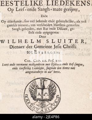 Titelseite: Willem Sluiter, Psalmen, Loblieder und geistliche Lieder, 1661. Mit einer Vignette, die einen Adler mit einer offenen Bibel und den Symbolen von Alpha und Omega zeigt, Titelpagina voor: Willem Sluiter, Psalmen, Loblieder und geistliche Lieder, 1661 (Serientitel), Druckerei: Jochem van Stegeren, Verlag: Jan Colomp, (Objektbezeichnung), Deventer, 1661, Papier, Radierung, Buchdruck, H 173 mm × B 123 mm Stockfoto