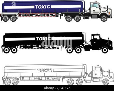 Detaillierte Darstellung von Zisternen-Lastwagen, die chemische, radioaktive, toxische, gefährliche Substanzen auf weißem Hintergrund in einem flachen Stil isoliert transportieren. Stock Vektor