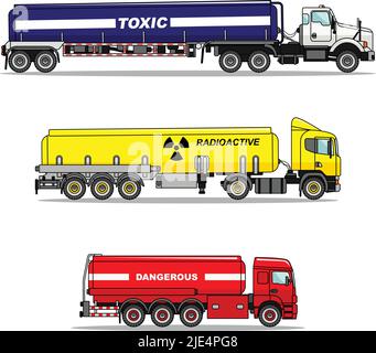 Detaillierte Darstellung von Zisternen-Lastwagen, die chemische, radioaktive, toxische und gefährliche Substanzen in flacher Ausführung transportieren. Stock Vektor