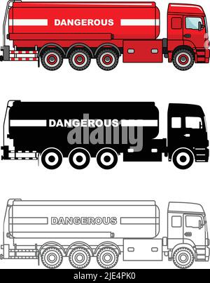 Detaillierte Darstellung von Zisternen-Lastwagen, die chemische, radioaktive, toxische, gefährliche Substanzen auf weißem Hintergrund in einem flachen Stil isoliert transportieren. Stock Vektor