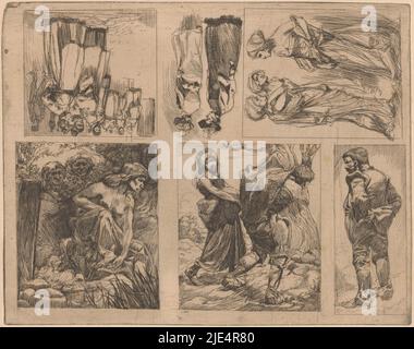 Blatt mit sechs Shows. Oben links eine Gruppe Frauen auf der Straße. Obere Mitte zwei Wanderfrauen in Kleid und Hut. Oben rechts drei sich unterführende Frauen in Roben. Unten rechts ein stehender, bärtiger Mann, von hinten gesehen. Unten in der Mitte ein Mann und eine Frau heben beide einen Sack. Unten links wird Susanna beim Baden in ihrem Garten von zwei Ältesten beobachtet, sechs Darstellungen menschlicher Figuren., Druckerei: Johannes Josephus Aarts, 1881 - 1934, Papier, Radierung, H 266 mm × B 347 mm Stockfoto