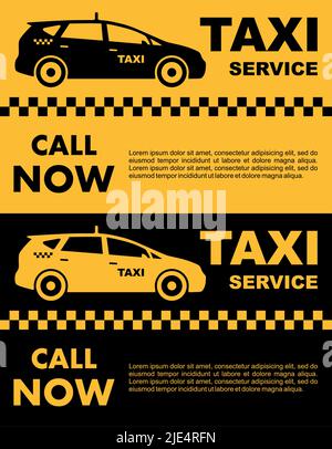 Taxi-Service-Design auf gelbem und schwarzem Hintergrund. Silhouette eines Taxiwagens. Vektorgrafik flach. Stock Vektor