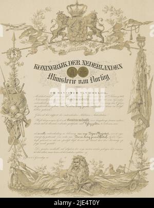 Die Ankündigung wurde im Namen des Kriegsministeriums veröffentlicht. Die Verkleidung besteht aus Waffen, einem Wappen, Löwen und Fahnen. Unten ist ein Löwe mit einem Schwert in der Pfote., Offizielle Bekanntmachung für die ehrenvolle Dekoration mit der Goldmedaille gemäß dem Königlichen Dekret von 1859., Druckerei: Carel Alphons Eckstein, (auf Objekt erwähnt), Verlag: Topografisch Bureau, (auf Objekt erwähnt), Niederlande, 1850 - 1925, Papier, H 443 mm × B 347 mm Stockfoto