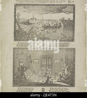 Zwei Bilder von der Flut in Gelderland und Overijssel im Januar 1809. Oben: Bewohner werden mit dem Boot aus ihrem überfluteten Haus gerettet. Unten: Das Wasser fließt in ein Haus. Unter jedem Bild ein achtzeiliger Vers. Nummeriert oben rechts: Nr. 37., zwei Bilder von der Überschwemmung 1809 Bild vom gewaltigen Sturm und der Flut in Gelderland, Overysel usw., dem Deichbruch und der Überschwemmung in den Häusern, entstanden Anfang des Jahres 1809., Druckerei: Johannes Donker, (Objekt erwähnt), Verlag: Jacobus Wendel, (auf Objekt erwähnt), Druckerei: Niederlande, Verlag: Amsterdam, 1809 Stockfoto