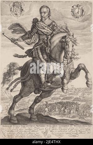 Reiterporträt von Gustave II Adolf, König von Schweden. Im Hintergrund die Schlacht von Gartz an der oder (1631). Für dieses Porträt verwendete De Passe die Platte seines 30 Jahre zuvor gegangenen Reiterportraits von Prinz Maurice in der Schlacht von Nieuwpoort. Über dem Druck ist ein biblisches Zitat aus den Sprüchen. Am Rand der Name und die Funktion der dargestellten Person, eine sechszeilige Ode in Latein und eine vierzeilige Ode in Französisch, Reiterporträt von Gustaaf II Adolf., Druckerei: Crispijn van de Passe (I), (auf Objekt erwähnt), Monogrammist JC (19e eeuw), (auf Objekt erwähnt), Utrecht, 1600 und/oder 1631 Stockfoto