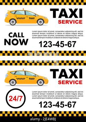 Taxi Service Konzept. Vektorbanner, Poster oder Flyer. Detaillierte Abbildung des gelben Taxiwagens. Stock Vektor