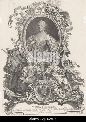 Porträt von Maria Theresia von Österreich im Rocaille-Rahmen. Oben eine Frau mit einem Zepter mit dem allsehenden Auge und einem Banner mit Text Majestas et Amor. Unter dem Rahmen ein Wappen mit zweiköpfigen Adlern, umgeben von zwei sitzenden Frauen mit einem Zepter und einem Plenty-Horn. Auf der linken Seite sind ein ungarischer Soldat und drei weitere Figuren zu sehen. Rechts drei Putten mit brennenden Herzen, Porträt von Maria Theresia., Druckerei: Johann Esaias Nilson, (auf Objekt erwähnt), Johann Esaias Nilson, (auf Objekt erwähnt), Verlag: Johann Esaias Nilson, (auf Objekt erwähnt), Augsburg, 1740 - 1788 Stockfoto