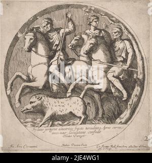 Medaillon mit Flachrelief auf dem Konstantinsbogen in Rom. Drei Männer auf dem Pferderücken jagen ein Wildschwein. Unten im Medaillon ein dreizeiliger Text in lateinischer Sprache. Nummeriert unten rechts: 2., Jagd auf ein Wildschwein Bas-Reliefs auf dem Konstantinsbogen (Serientitel)., Druckerei: Matteo Piccioni, (Objektbezeichnung), Verleger: Giovanni Giacomo de'Rossi, (Objektbezeichnung), Anonym, (Objektbezeichnung), Druckerei: Italien, Verlag: Rome, Rome, 1637 - 1691, Papier, Radierung, H 222 mm × B 220 mm Stockfoto