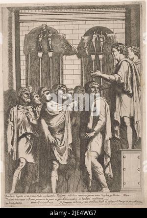Der römische Kaiser Trajan ist nach Rom zurückgekehrt und verspricht einer Gruppe von Abgesandten der Barbaren Frieden. Im unteren Rand eine Zeile lateinischer und eine Zeile italienischer Texte verspricht Trajan Frieden Bas-Reliefs auf dem Konstantinsbogen (Serientitel)., Druckerei: Matteo Piccioni, (Objektbezeichnung), Verleger: Giovanni Domenico de'Rossi, (Objektbezeichnung), anonym, (Objektbezeichnung), Druckerei: Italien, Verlag: Rome, Rome, c. 1625 - 1671, Papier, Radierung, H 273 mm × B 191 mm Stockfoto