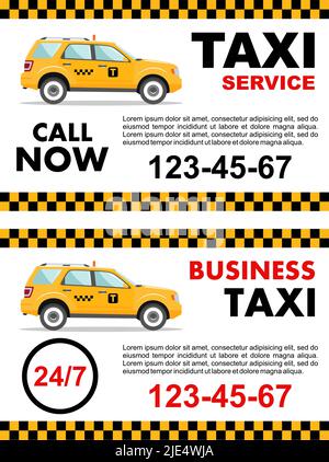 Business Taxi Service Konzept. Vektorbanner, Poster oder Flyer. Detaillierte Abbildung des gelben Taxiwagens. Stock Vektor