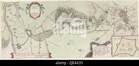 Karte der gescheiterten Belagerung von Bergen op Zoom durch die spanische Armee unter Spinola und Velasco, 18. Juli - 3. Oktober 1622. Karte von Bergen op Zoom mit der Gegend bis Steenbergen. Mit drei Kartuschen mit dem lateinischen Titel, einem Vokabular Niederländisch-Latein und der Karte von Fort Pinsen (Castra Pinsii). Auf einem auf der Rückseite gedruckten Doppelblatt mit lateinischem Text, Karte der Belagerung von Bergen op Zoom, 1622 Tabula Bergarum ad Zomam Stenbergae et novorum ibi operum, Descriptio Bergarum ad Zomam, Steenbergae, &c novorum ibi operum., Druckerei: Franciscus van Schooten (I), (erwähnt auf Objekt), Verlag: Willem Janszoon Stockfoto