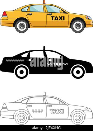 Verschiedene Art Taxi Autos isoliert auf weißem Hintergrund in flachem Stil: Farbige, schwarze Silhouette und Kontur. Vektorgrafik. Stock Vektor