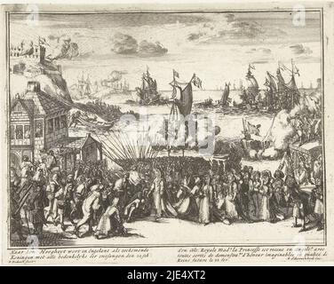 Empfang der Prinzessin von Orange als Königin von England in Margate, 22. Februar 1689. Vor der Küste die englischen Schiffe, mit denen die Prinzessin die Überfahrt entlädt salutieren Schüsse. An Land werden sie und ihr königlicher Haushalt von Vertretern der lokalen Behörden begrüßt. Links das Gasthaus von Margate. Teil der Serie 'Engelants schouwtoneel' über die glorreiche Revolution 1688-1689 (zweiter Teil). Mit Bildunterschriften in Niederländisch und Französisch, Empfang von Prinzessin Maria Stuart in England, 1689 Ihr könnte: Hoogheyt ist in Engelant als zukünftige Königin verwurzelt mit all der zweifelhaften Ehre, die 22 zu empfangen Stockfoto