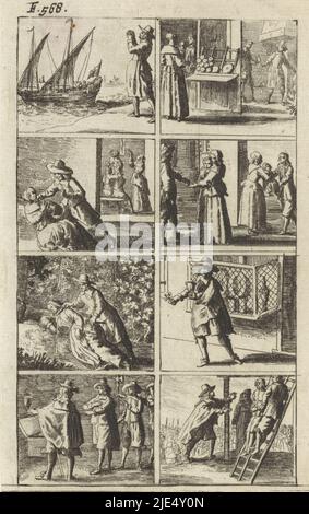 Geschichte in acht Szenen mit einigen Szenen von Mord und Todesstrafe. Unter anderem von einer Frau, die erstochen wurde. Unten rechts wird ein Mann an einem Galgen gehängt. Oben links: F. 568., Geschichte mit Szenen von Mord und Todesstrafe., Druckerei: Abraham Dircksz. Santvoort, Verlag: Gerrit van Goedesberg, Druckerei: Niederlande, Verlag: Amsterdam, 1667, Papier, Ätzung, H 155 mm × B 94 mm Stockfoto