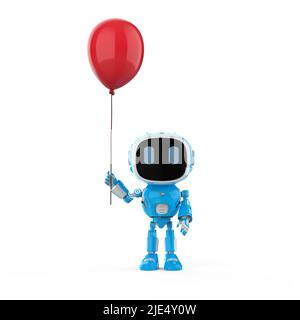 Freundliche Technologie mit 3D Rendering niedlich und kleine künstliche Intelligenz Assistenzroboter mit Zeichentrickfigur halten roten Ballon Stockfoto
