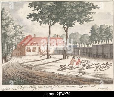 Das Tierheim der Jäger im Soestdijk Palace, dem Jagdschloss von Stadholder Wilhelm III. Von Oranien-Nassau. Im Vordergrund Jäger mit den Hunden. Ansicht des Jagdschlosses von Soestdijk, auch bekannt als Eyken-Daal, Veues et perspectives de Soesdyck, chasteau & maison de plaisance du roy de la Grande Bretagne (Titelserie)., Druckerei: Anonym, Verlag: Gerard Valck, (Objektbezeichnung), unbekannt, (Auf Objekt erwähnt), Amsterdam, 1695, Papier, Radierung, H 128 mm × B 162 mm Stockfoto