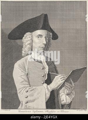 Porträt von Hendrik Spilman Henricus Spilman, Plattenschneider und Zeichner, Druckerei: Hendrik Spilman, (auf Objekt erwähnt), Zeichner: Cornelis van Noorde, (auf Objekt erwähnt), Haarlem, 1742 - 1784, Papier, Gravur, H 229 mm × B 181 mm Stockfoto