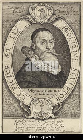 Der Graveur Hendrick Goltzius (1558-1617) Büste rechts im ovalen Rahmen mit Randschrift. Kalotte am Kopf, breiter Faltenkragen. Mit 4 Zeilen lateinischer Inschrift, Portrait von Hendrick Goltzius im Alter von 59 Jahren, Druckerei: Jacob Matham, Theodorus Schrevelius, 1630, Papier, Gravur, H 208 mm × B 133 mm Stockfoto