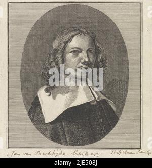 Porträt des Haarlem-Malers und Zeichners Gerrit Adriaensz Berckheyde, Porträt von Gerrit Adriaensz Berckheyde, Druckerei: Hendrik Spilman, (vom Künstler signiert), nach: Job Adriaensz Berckheyde, Haarlem, 1742 - 1784, Papier, Radierung, Gravur, Stift, H 159 mm × B 143 mm Stockfoto