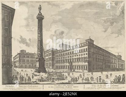 Blick auf die Piazza Colonna mit der Säule des Marcus Aurelius in Rom. Titel und Erklärungslisten mit Nummern in Französisch und Italienisch und einer Zuordnung am unteren Rand, Piazza Colonna in Rom Veduta di Piazza Colonna / Vue de la Place Colonne., Druckerei: Domenico Montaigù, (auf Objekt erwähnt), Zeichner: Jean Barbault, (auf Objekt erwähnt), J. Bouchard & J.J. Gravier, (erwähnt auf Objekt), Italien, c. 1750 - c. 1799, Papier, Radierung, H 386 mm × B 535 mm Stockfoto