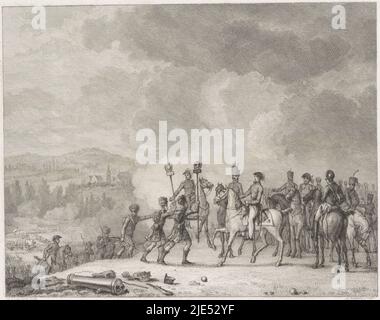 Ein Korps der Schotten stellt dem Herzog von Wellington während der Schlacht von Waterloo am 18. Juni 1815 zwei eroberte französische Standards mit Adlern vor. Teil einer Gruppe von Illustrationen von Ereignissen rund um und während der Schlachten von Quatre-Bras und Waterloo, 16-18. Juni 1815, Schotten eroberten französische Standards nach Wellington,1815., Druckerei: Reinier Vinkeles (I), (auf Objekt erwähnt), Zeichner: Mattheus Ignatius van Bree, (auf Objekt erwähnt), Niederlande, 1815 - 1816, Papier, Radierung, Gravur, H 235 mm × B 293 mm Stockfoto