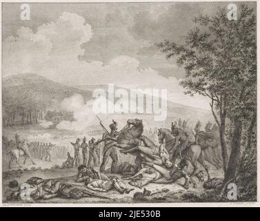 Der Tod von Friedrich Wilhelm, Herzog von Braunschweig-Lüneburg-Oels, während der Schlacht von Quatre-Bras am 16. Juni 1815. Teil einer Gruppe von Illustrationen von Ereignissen rund um und während der Schlachten von Quatre-Bras und Waterloo, 16-18. Juni 1815, Fall von Friedrich Wilhelm von Braunschweig während der Schlacht von Quatre-Bras, 1815., Druckerei: Reinier Vinkeles (I), (auf Objekt erwähnt), Zwischenzeichner: Mattheus Ignatius van Bree, (erwähnt auf Objekt), Niederlande, 1815 - 1816, Papier, Radierung, Gravur, H 237 mm × B 296 mm Stockfoto