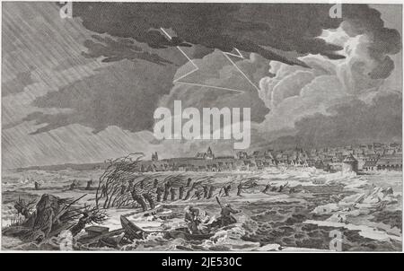 Schwerer Sturm und schleichende Eismassen auf dem Fluss Waal bei Nijmegen, Februar 1799. Teil einer Gruppe von sechs Platten mit Deichbrüchen und Überschwemmungen im südlichen Teil von Gelderland im Februar 1799, Storm for Nijmegen, 1799., Druckerei: Reinier Vinkeles (I), Druckerei: Cornelis Brouwer, Zeichner: Cornelis van Hardenbergh, Druckerei: Niederlande, Druckerei: Niederlande, Zeichner: Nijmegen, 1799 - 1800, Papier, Radierung, Gravur, H 227 mm × B 328 mm Stockfoto