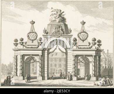 Blick auf das Ehrentor, das am Buitenhof für den Eintritt des frisch verheirateten Stadthalters Willem V. und seiner Frau Prinzessin Wilhelmina von Preußen am 9. November 1767 in Den Haag errichtet wurde. Mit Korrekturen in roter Kreide, Erepoort am Buitenhof für den Eintrag von Willem V. und Wilhelmina von Preußen, 1767., Druckerei: Simon Fokke, Zeichner: Dirk van der AA, Nordniederland, 1767, Papier, Radierung, H 384 mm × B 450 mm Stockfoto