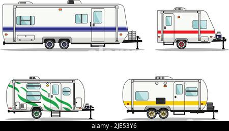 Set von Wohnwagen auf weißem Hintergrund in flachem Stil. Vektorgrafik. Stock Vektor