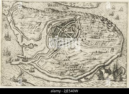 Karte der Insel Voorne mit einer Karte der Brielle, aufgenommen von den Water Bettlers am 1. April 1572, aus der Vogelperspektive. Unten links ein Fischerboot, unten rechts zwei Kriegsschiffe, Karte der Insel Voorne und Karte von Brielle, 1572 Briel., Druckerei: Anonym, anonym, Verlag: Cornelis Claesz., Druckerei: Low Countries, Verlag: Amsterdam, Verlag: Calais, Verlag: Amsterdam, Verlag: Utrecht, 1609 - 1617, Papier, Radierung, H 168 mm × B 240 mm Stockfoto