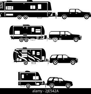 Set aus verschiedenen Silhouetten Reise Wohnwagen Wohnwagen auf weißem Hintergrund. Vektorgrafik. Stock Vektor