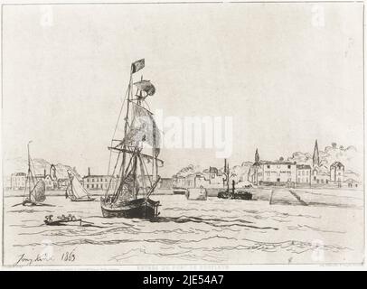 Blick auf den Hafen von Honfleur. Im Vordergrund ein großes Segelschiff, daneben ein Schiffsschlaufe mit vier Personen an Bord. Rechts am Kai ein Hotel namens Cheval Blanc, der Hafen von Honfleur Entrée du Port de Honfleur., Druckerei: Johan Barthold Jongkind, (auf Objekt erwähnt), Drucker: Auguste Delâtre, (auf Objekt erwähnt), Herausgeber: Cadart & Luquet, (auf Objekt erwähnt), Druckerei: Honfleur, Drucker: Paris, Verlag: Paris, Verlag: London, 1863, Papier, Radierung, H 237 mm × B 318 mm Stockfoto