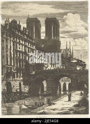 Die Petit Pont Brücke über die seine von der Ile de la Cité aus gesehen. Am linken Ufer des Quai de Marché Neuf steht das Hôtel Dieu und die Türme von Notre Dame erheben sich über die Dächer, Petit Pont über der seine in Paris Le Petit pont, Eaux-Fortes sur Paris (Serientitel)., Druckerei: Charles Meryon, (Objektbezeichnung), Zeichner: Charles Meryon, Drucker: Auguste Delâtre, (erwähnt auf Objekt), Paris, 1850 und/oder 1858 Stockfoto