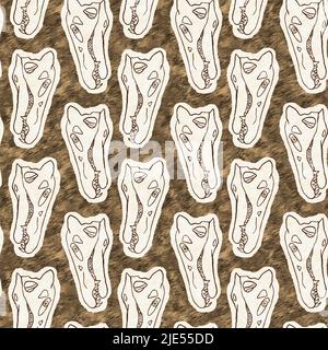 Braun handgezeichnete Spinosaurus fossile Knochen Dinosaurier nahtloses Muster. Geschlechtsspezifische neutrale jurassische Silhouette für die Babykrippe. Home Dekor für Museum Stockfoto