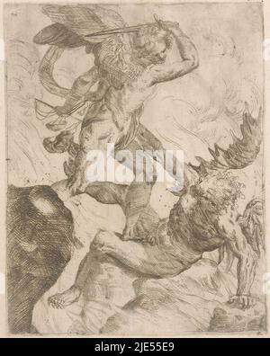 Erzengel Michael im Kampf mit dem Teufel, Druckerei: Giovanni Pietro Possenti, Italien, 1628 - 1659, Papier, Radierung, H 204 mm - B 160 mm Stockfoto