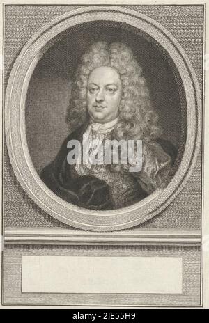 Porträt von Bruno van der Dussen, Bürgermeister und Rentner von Gouda, in einem Oval. Das Porträt ruht auf einem Sockel mit einem leeren Feld vor seinem Namen, Portrait von Bruno van der Dussen., Druckerei: Jacob Houbraken, Amsterdam, 1749 - 1780, Papier, Gravur, H 175 mm × B 118 mm Stockfoto