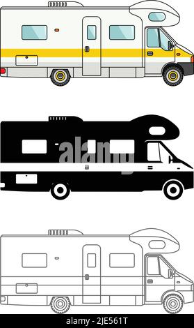 Verschiedene Art Auto-und Reise-Anhänger isoliert auf weißem Hintergrund in flachem Stil: Farbige, schwarze Silhouette und Kontur. Moderner Wohnwagen. Vektor Stock Vektor