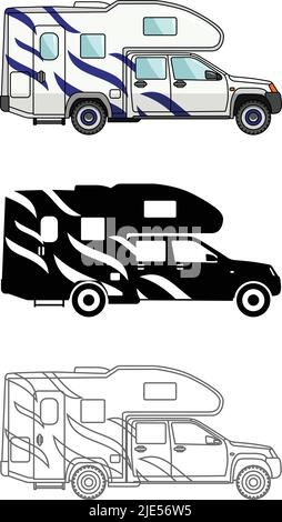 Verschiedene Art Auto-und Reise-Anhänger isoliert auf weißem Hintergrund in flachem Stil: Farbige, schwarze Silhouette und Kontur. Moderner Wohnwagen. Vektor Stock Vektor