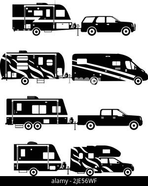 Set aus verschiedenen Silhouetten Reise Wohnwagen Wohnwagen auf weißem Hintergrund. Vektorgrafik. Stock Vektor