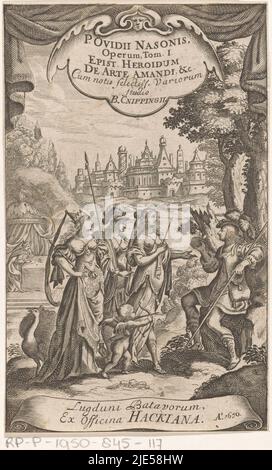 Paris, an einem Baum sitzend, mit dem goldenen Apfel in der rechten Hand. In seiner Nähe befinden sich die drei Göttinnen Venus mit Amor, Minerva mit Schild und Eule und Juno mit Pfau. Im Hintergrund ein Blick auf eine Stadt. Die Darstellung ist oben mit Vorhängen verschlossen, Urteil von Paris Titelseite: Ovid und Borchardus Cnippingus, Epist. Heroidum The Arte Amandi, 1670, Druckerei: Anonymous, Simon Vouet, Verlag: officina Hackiana, (Auf Objekt genannt), Leiden, 1670, Papier, Gravur, H 147 mm - B 90 mm Stockfoto