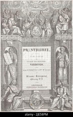 Titelseite für eine bibel. Der Titel auf einer Tafel mit Moses mit Steintafeln auf beiden Seiten (links) und einem Mann mit Turban (rechts), der in Nischen steht. Vor und über den Nischen befinden sich die vier Evangelisten und ihre Geschöpfe. Zwischen Luke und John (unten) ein Medaillon mit einem Pelikan, der seine Jungen füttert. Zwischen Matthäus und Markus (oben) ein Medaillon mit dem Lamm Gottes. Dahinter stehen die zwölf Apostel, Evangelisten und Apostel Titelseite: S.N. Pren Bibel oder die heiligen Schriften des alten und neuen Bundes. Zur Umsetzung von Dr. M. Luther, S.A., Druckerei: Anonym, Verleger Stockfoto